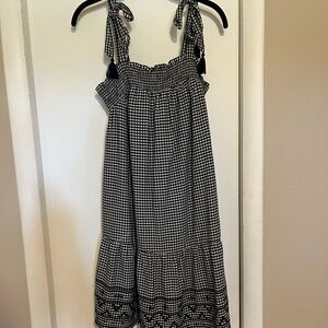 Black and white gingham tank dress with detailing, tie straps